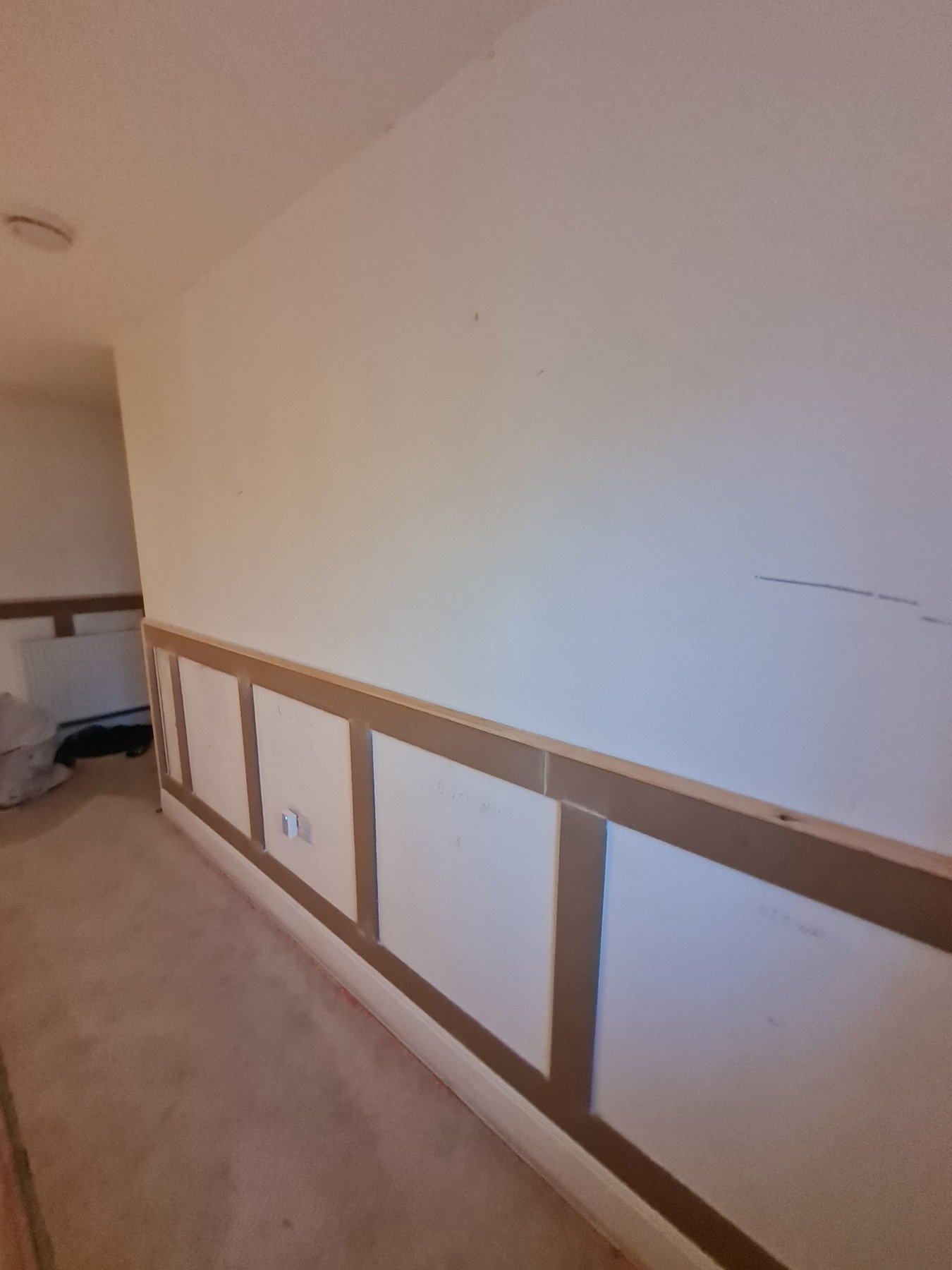 Landing wall panelling before painting, Abergele