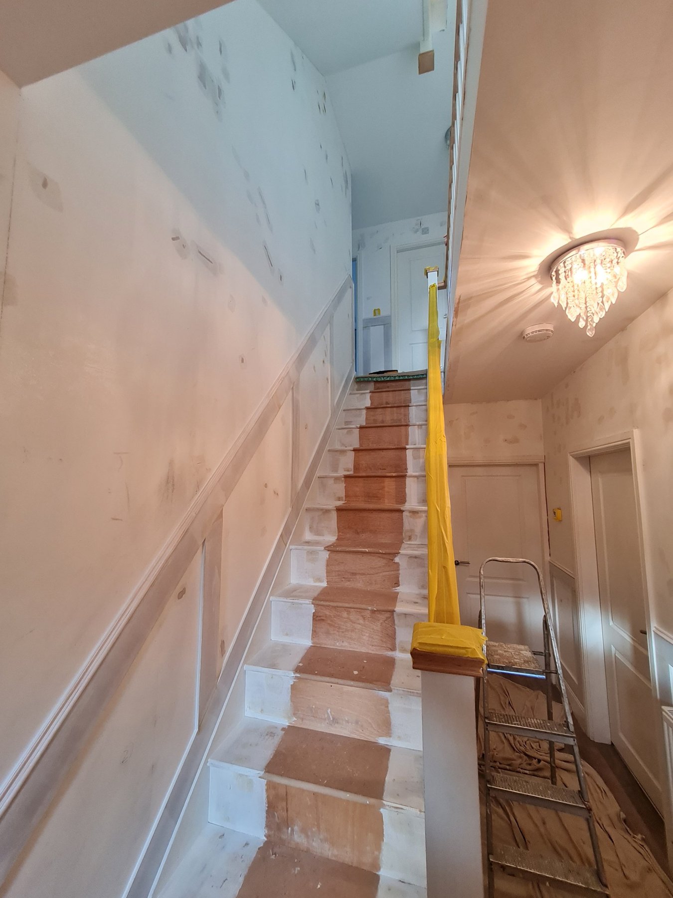 Stairs and panelling filled and sanded ready for painting, Abergele