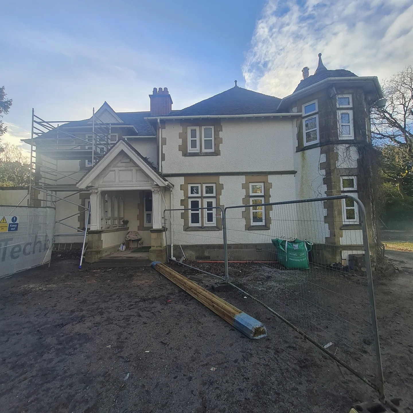 Hillgrove House, Bangor before redecoration, exterior with scaffold tower and site fencing