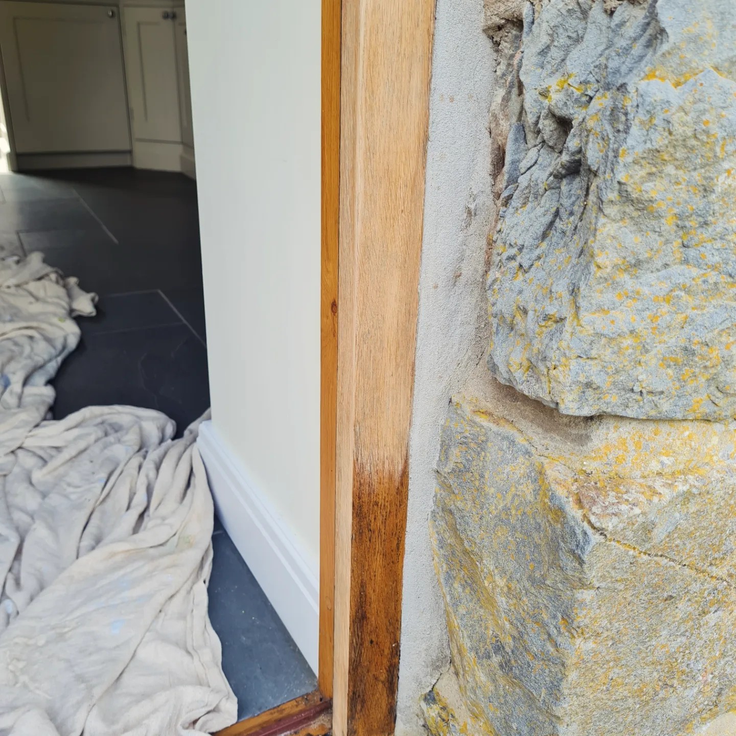 Oak door frame sanded back and bleached ready for woodstain, Betws-y-Coed