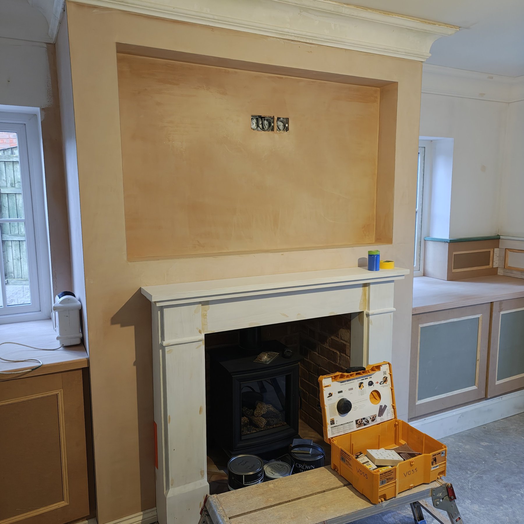 Fireplace surround and chimney breast during preparation, Penrhyn Bay