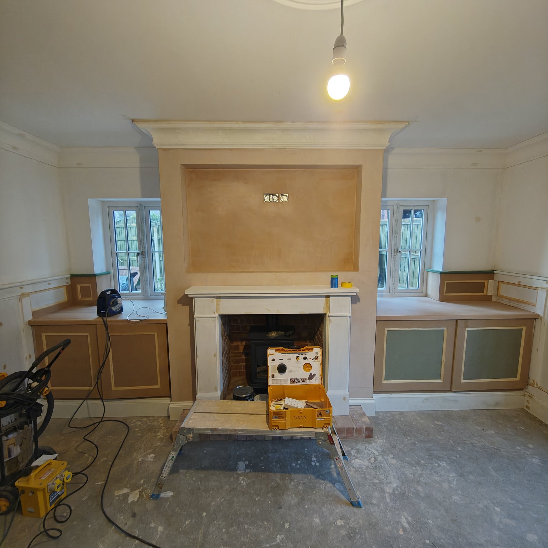 Living room front view during preparation, Penrhyn Bay